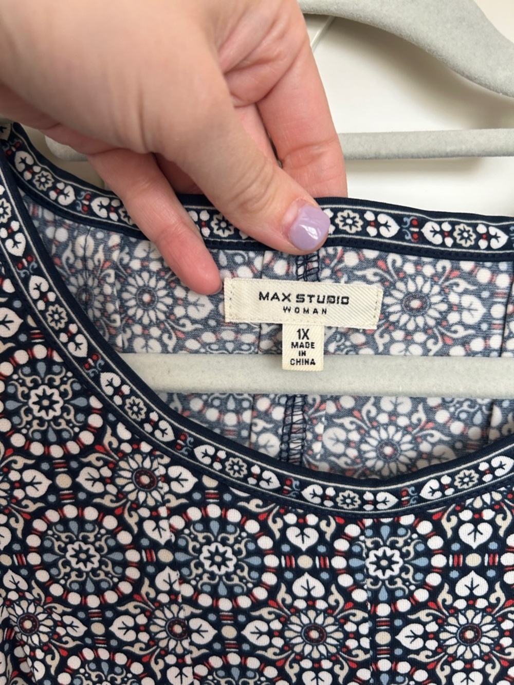 Max Studio Navy and White Printed Long Sleeve Swing Dress - Picture 2 of 2
